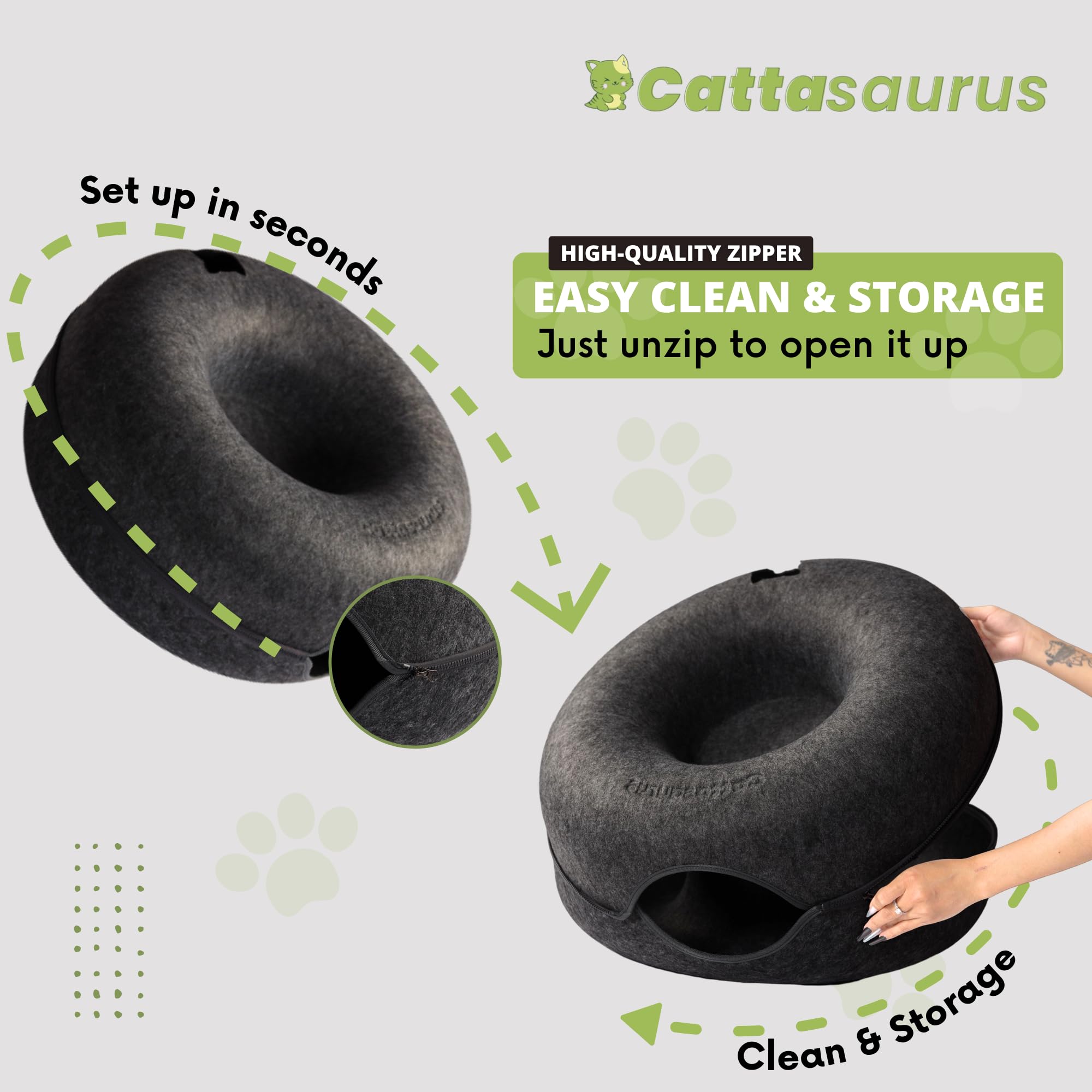 Cattasaurus Peekaboo: nettoyage facilité grâce à structure détachable.