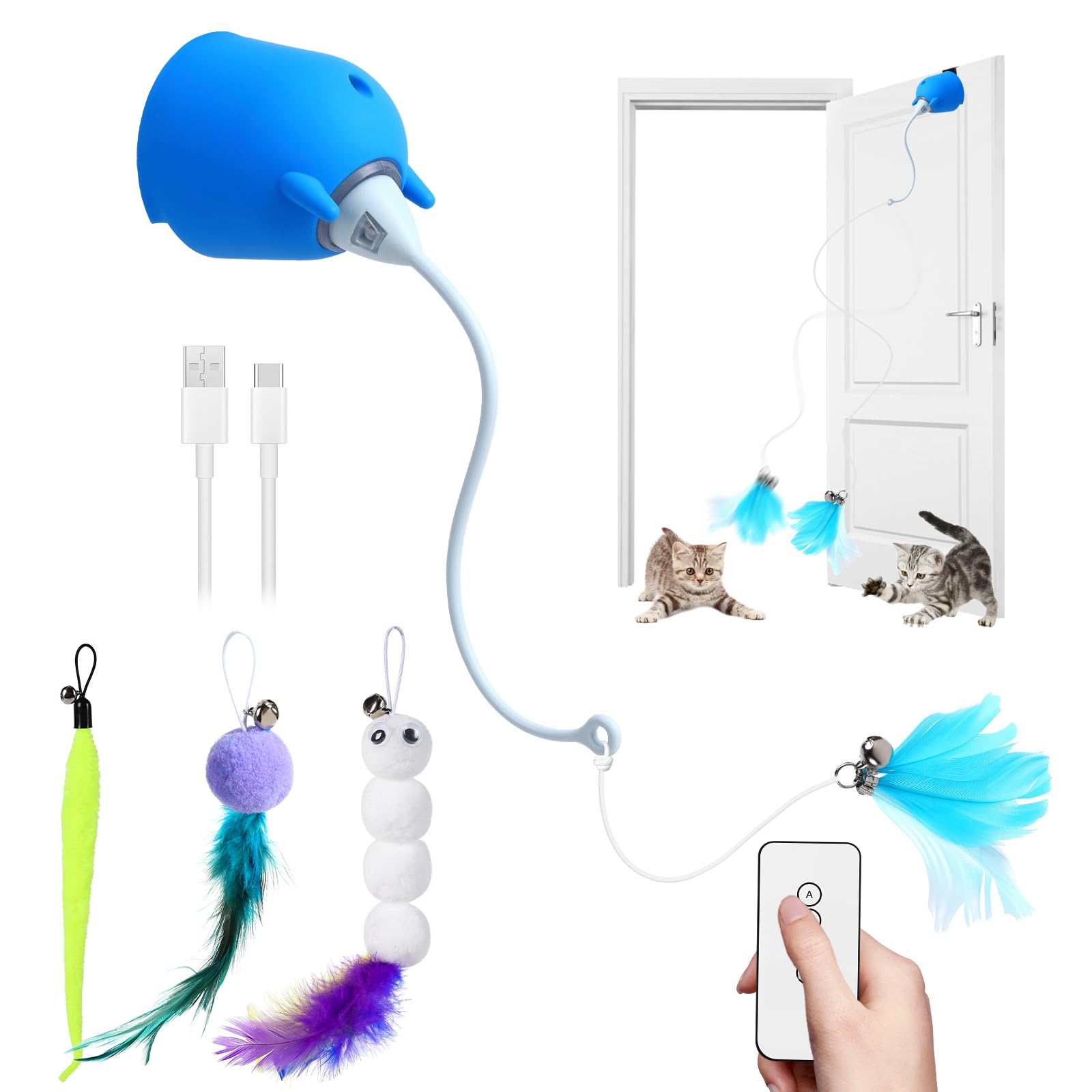 Cattoys interactifs: porte bleu avec plumes pour stimuler l’instinct de chasse.