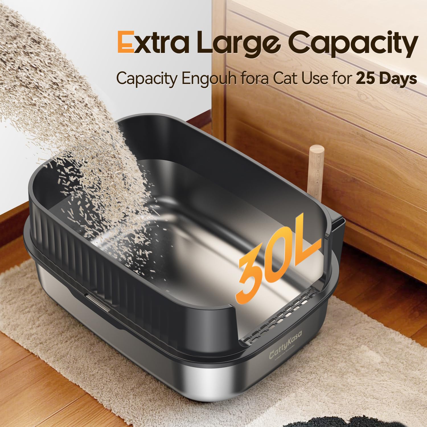 CattyKasa bac-litiere-xl-resistante, acier inox durable pour long terme.