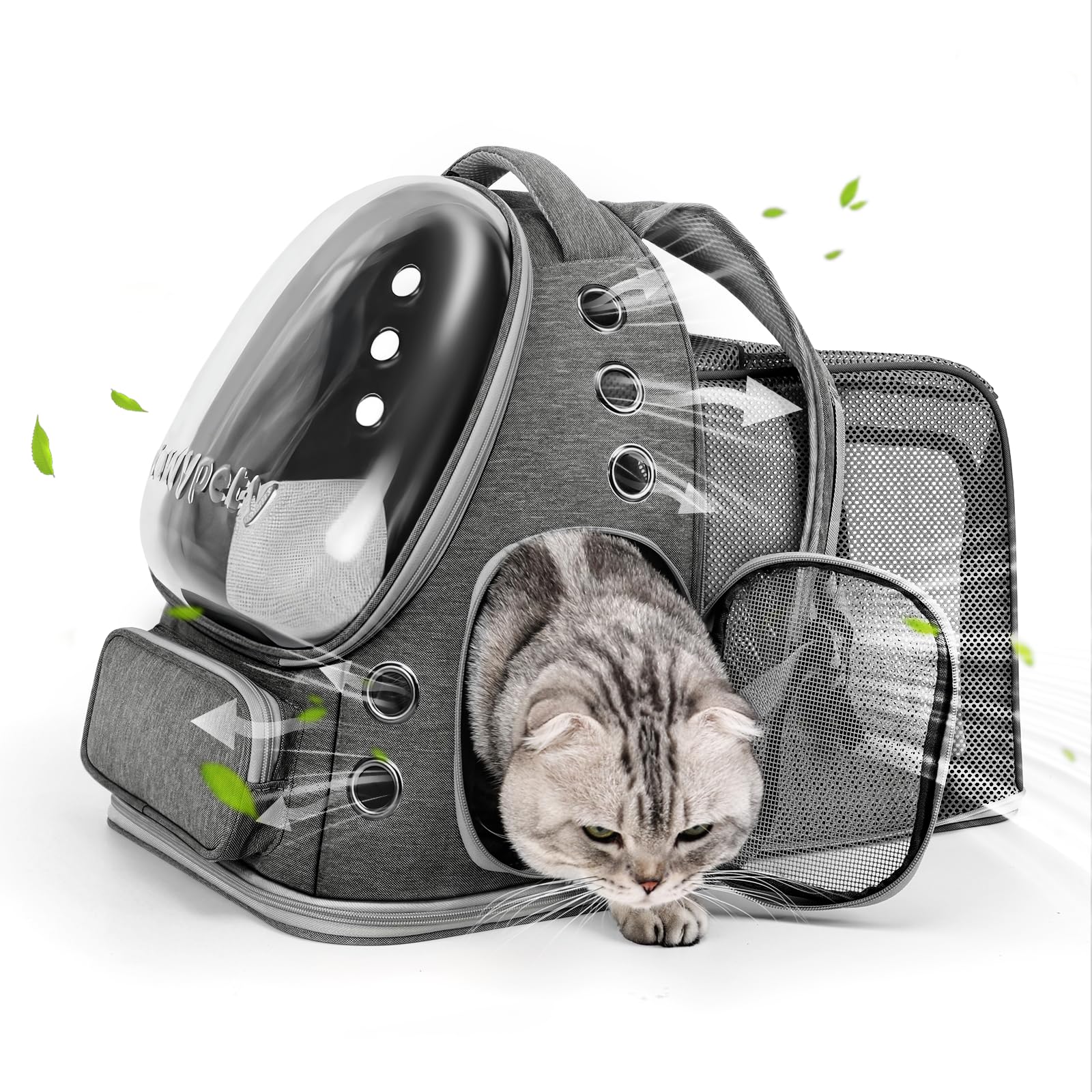 Cawypety sac dos chat extensible – vue avant, espace accru pour votre animal.