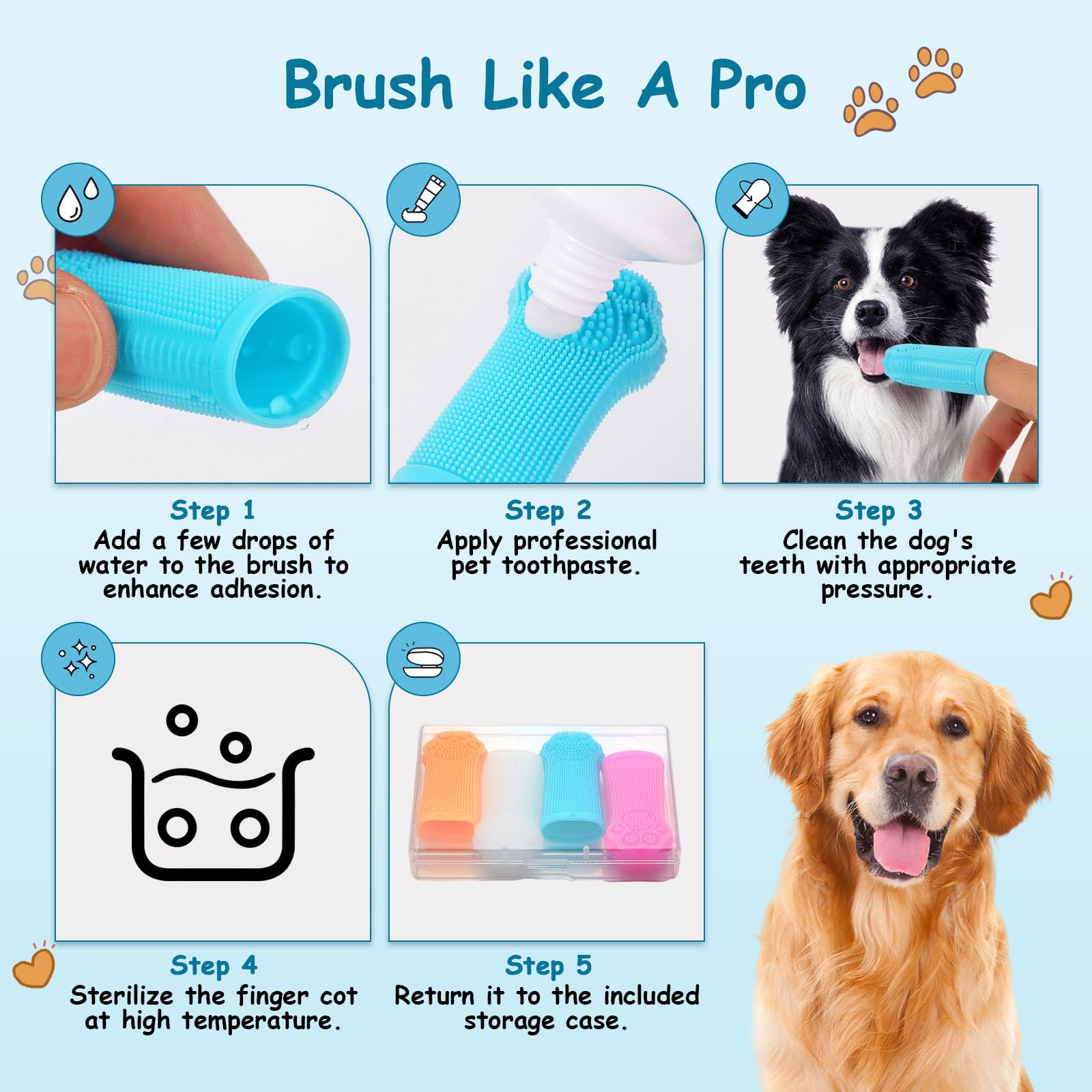 Jeu de 4 brosse-doigts Caxlis, codes couleur pour éviter les mélanges entre animaux.