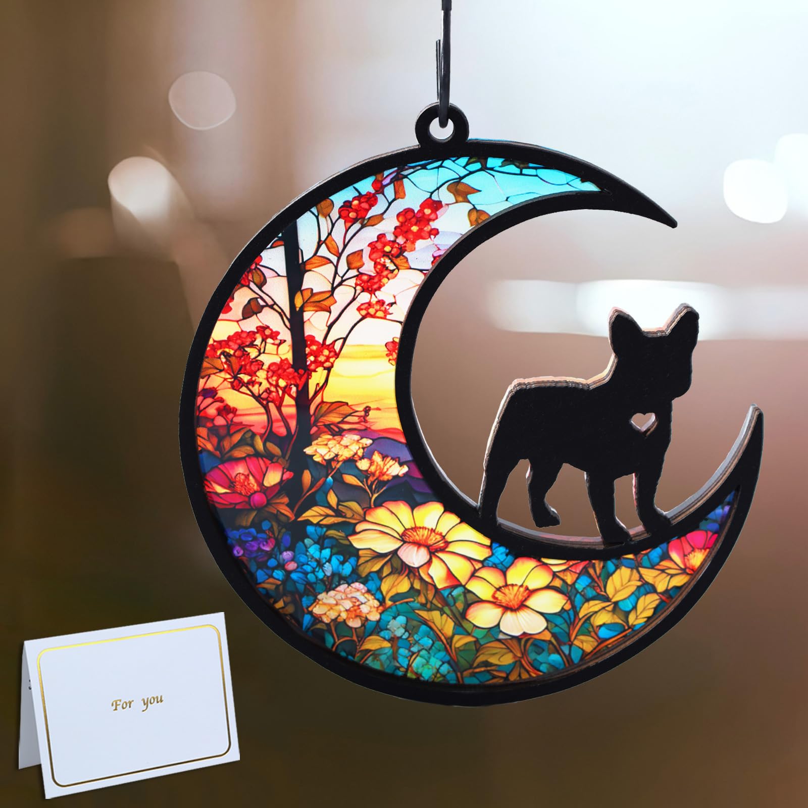 CCiaga Suncatcher bulldog francais sur la lune éclaire la pièce