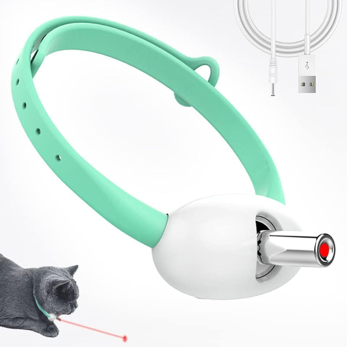 Cdipesp collier laser chat, vue avant, faisceau dirigé devant le chat pour stimulation ludique.