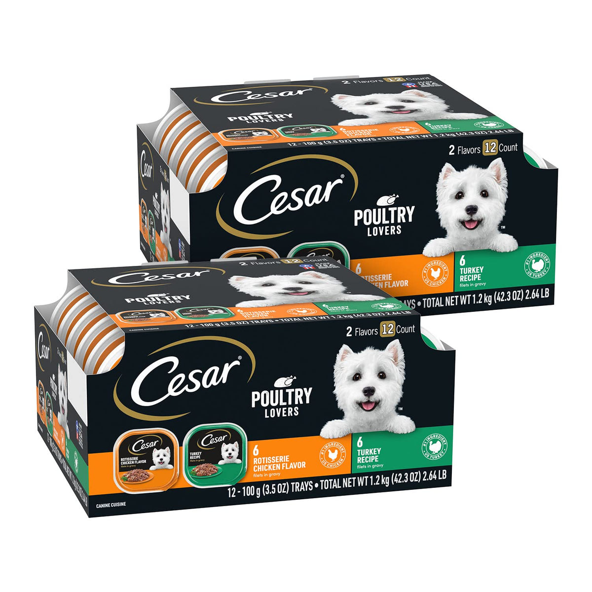 Cesar Filets en Gravy poulet rotisserie dans un plateau, repas pratique pour chien adulte.