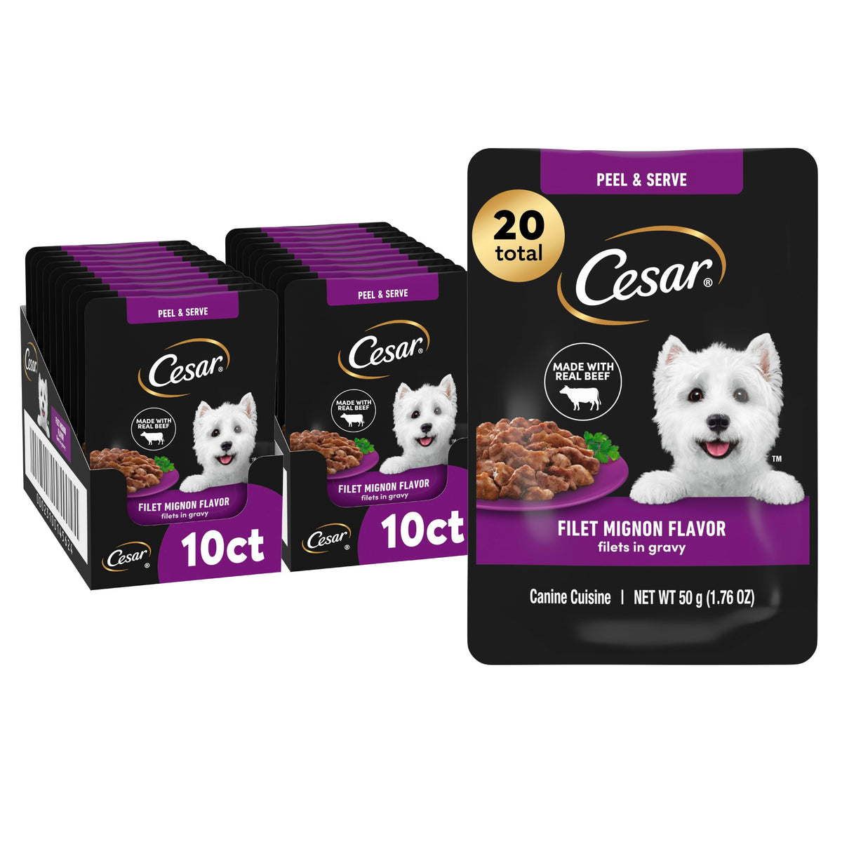 Cesar Filets en Gravy sachets mini boeuf, repas pratique pour chien.