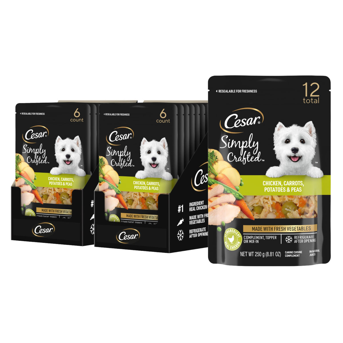 Cesar garniture humide au poulet et légumes, idéale pour agrémenter les croquettes.