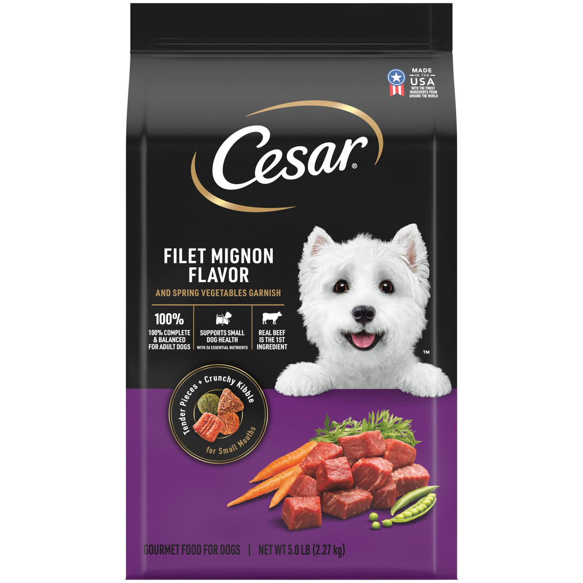Cesar petit-chien croquettes filet mignon et legumes printaniers, repas equilibre.