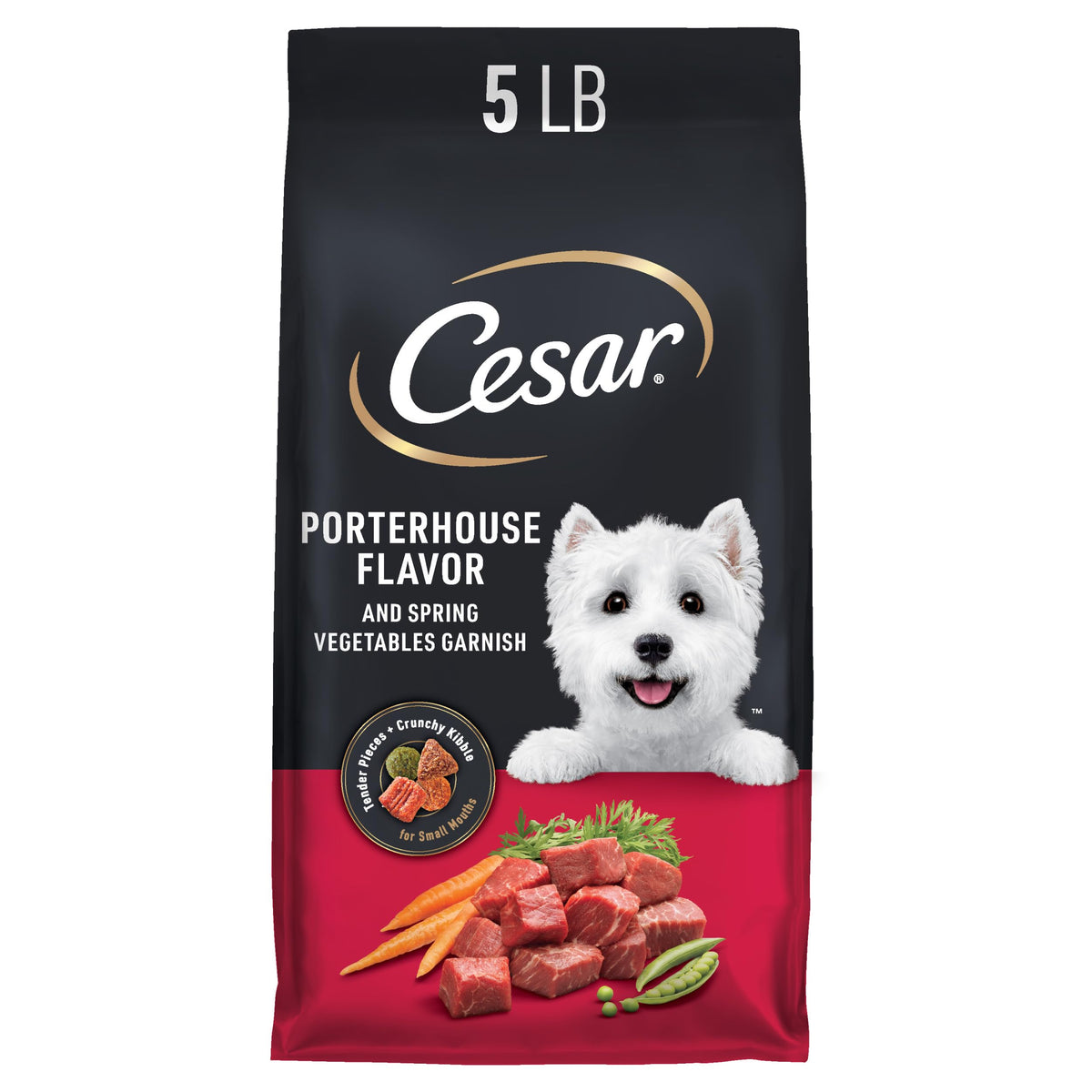 Cesar petit chien : morceaux tendres de boeuf Porterhouse pour mâcher facilement.