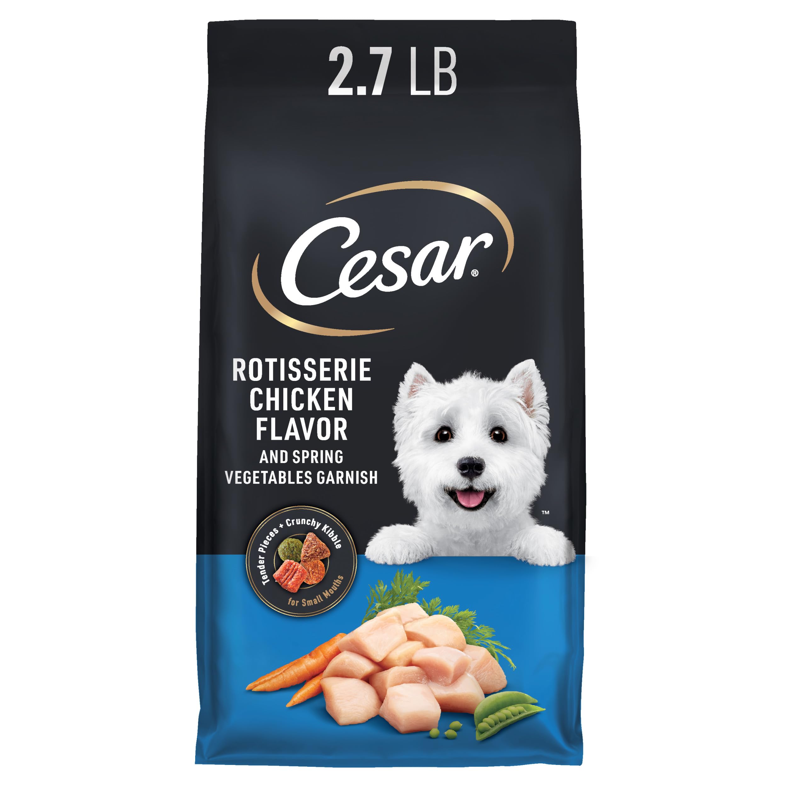 Cesar poulet rotisserie et légumes printemps pour petit chien, repas savoureux.