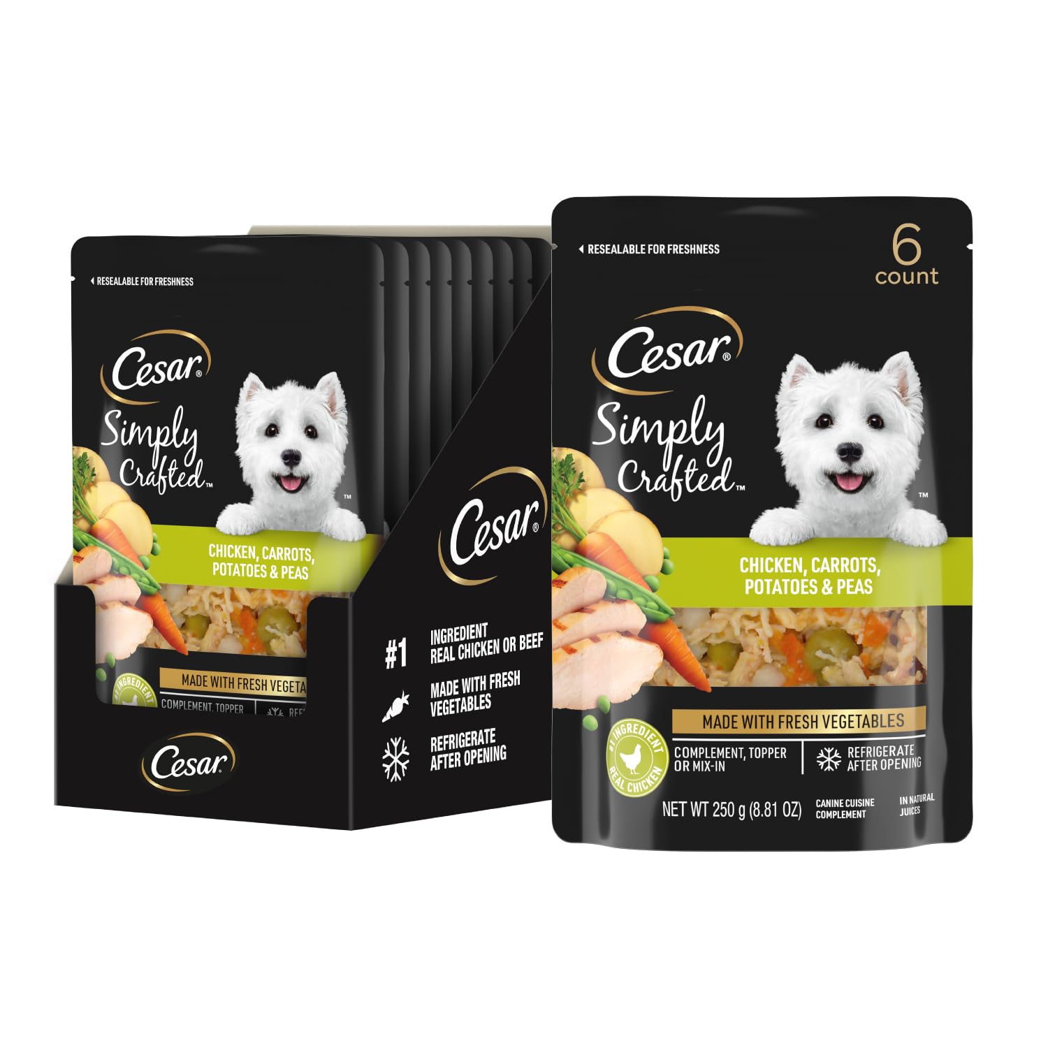 César Simply Crafted: poulet-carottes-pommes-de-terre-pois en sachet 8 oz, prêt à servir.