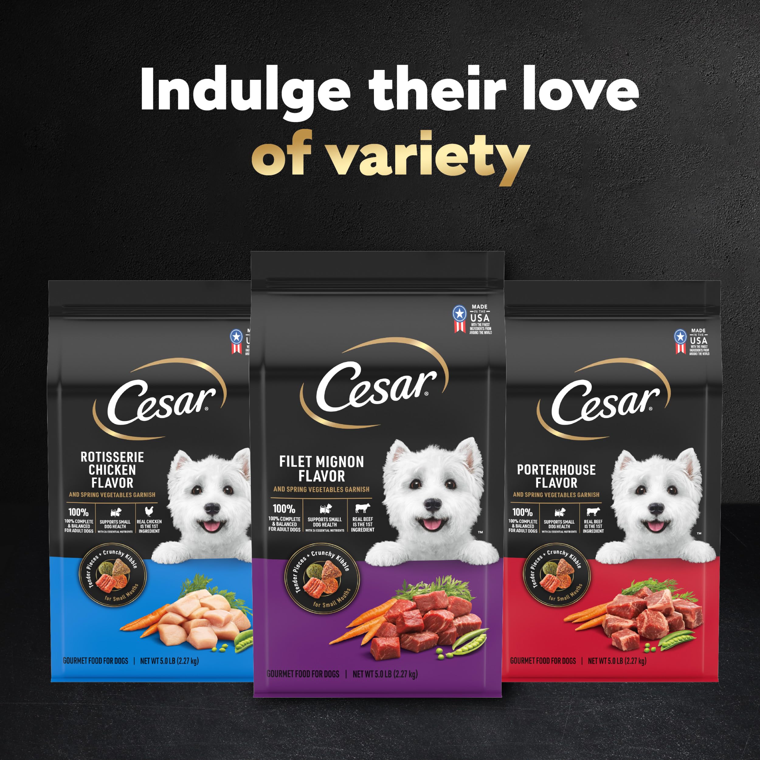 Cesar aliments complets pour petites races, plaisir et nutrition.
