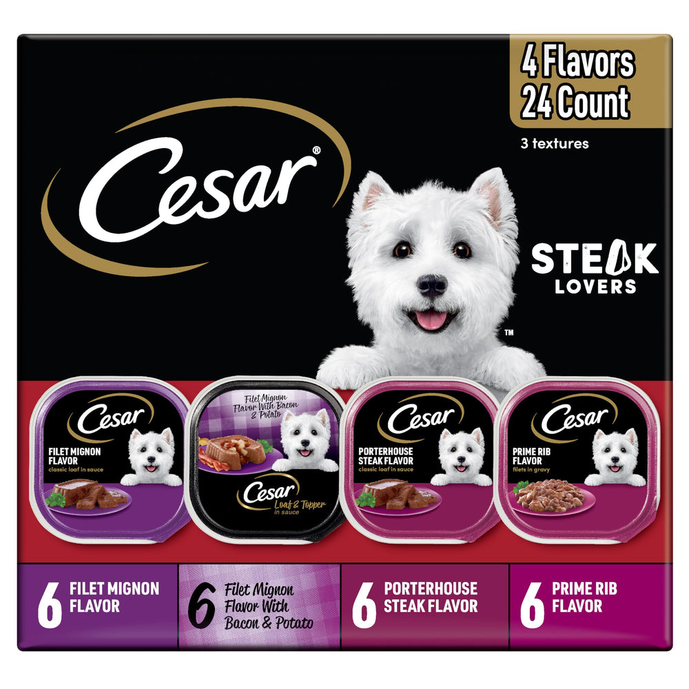 Cesar Steak Lovers barquette 3,5 oz, texture tendre, repas principal quotidien pour chien adulte.