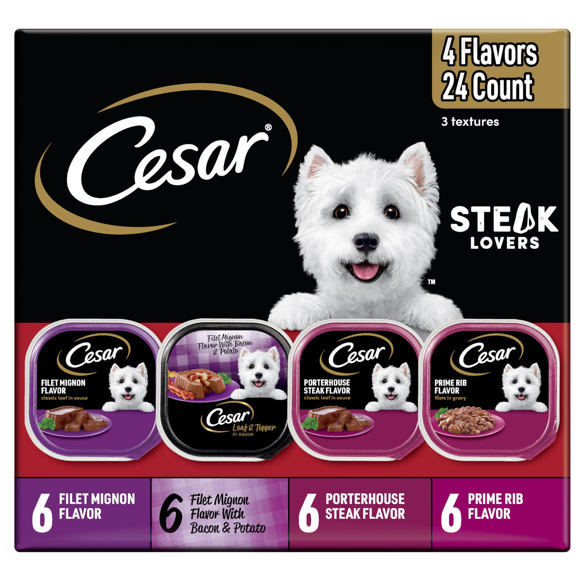 Cesar Steak Lovers barquette 3,5 oz, texture tendre, repas principal quotidien pour chien adulte.
