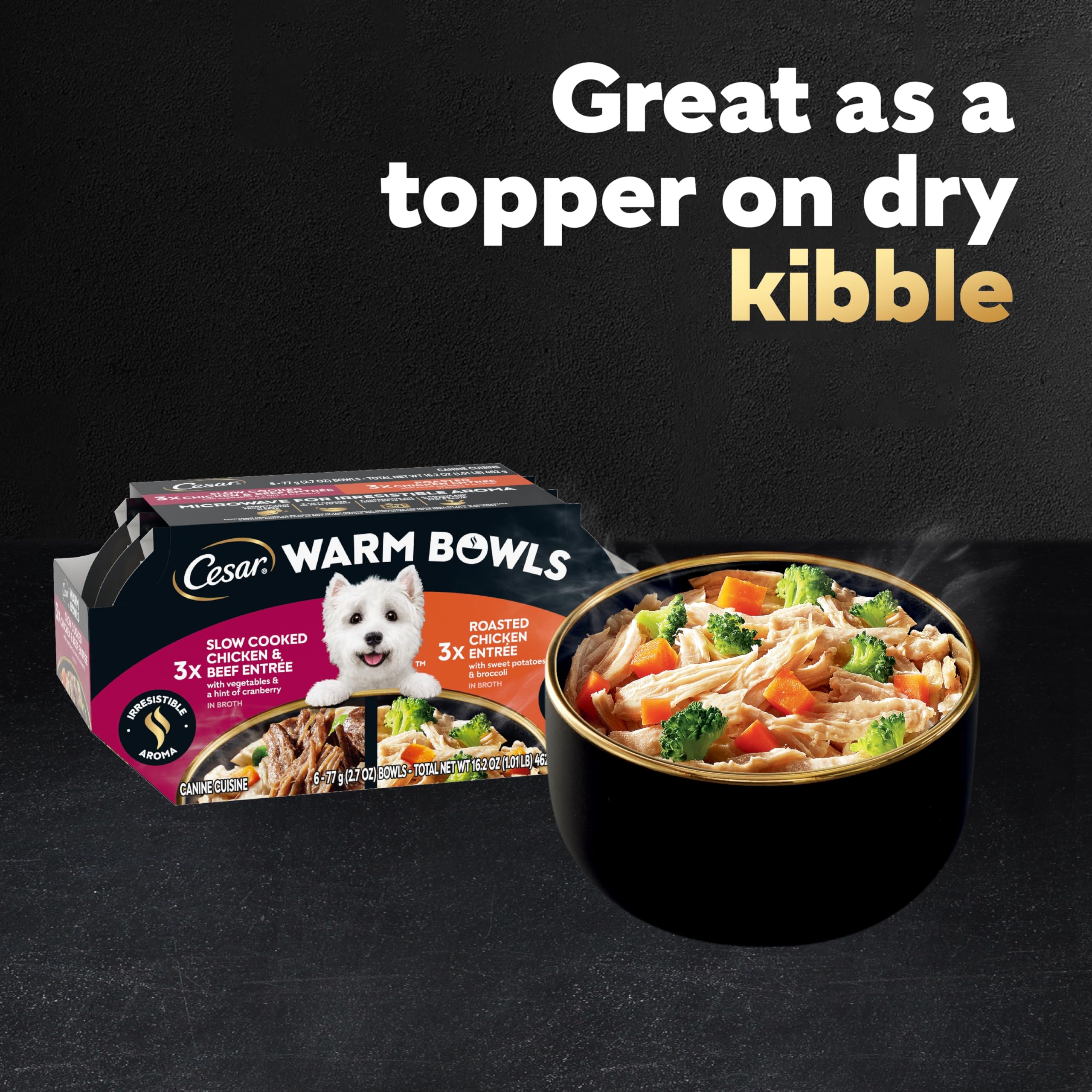 Cesar Warm Bowls repas quotidiens simples – confort et plaisir pour chien.
