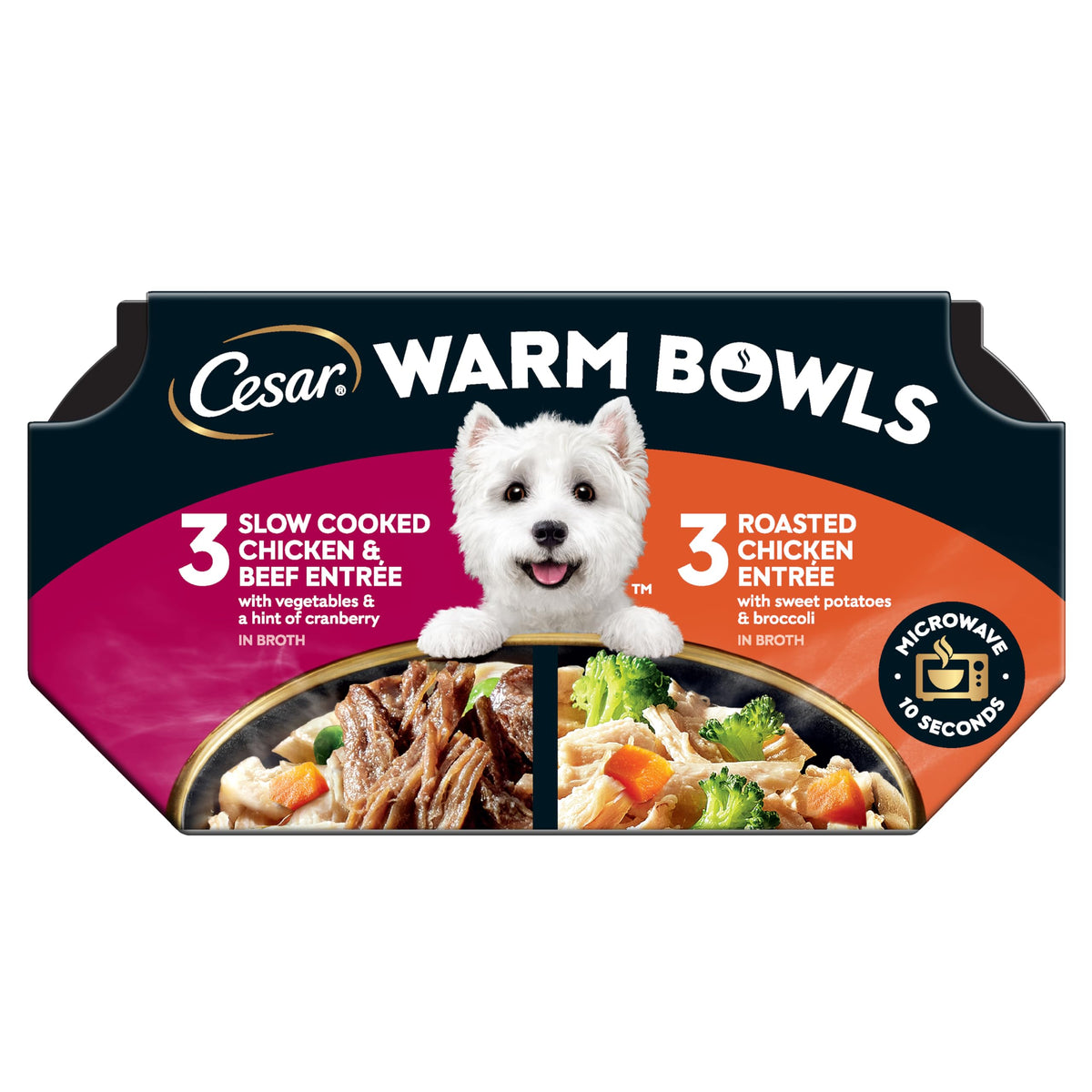 Cesar Warm Bowls – variété poulet et boeuf, repas gourmet pour chien adulte.