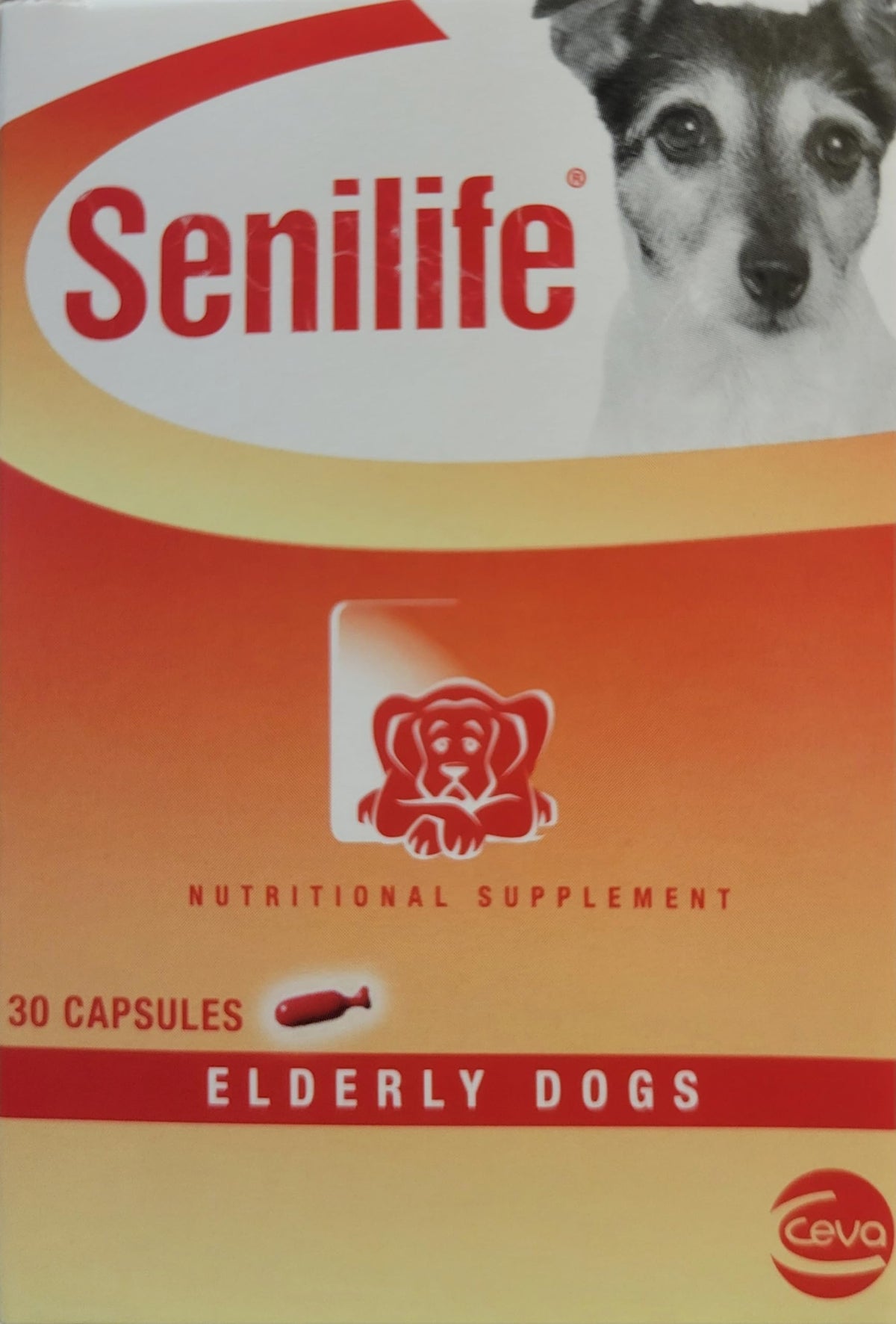 Ceva Senilife: bouteille de gélules pour chien âgé, soutien potentiel du bien-être.