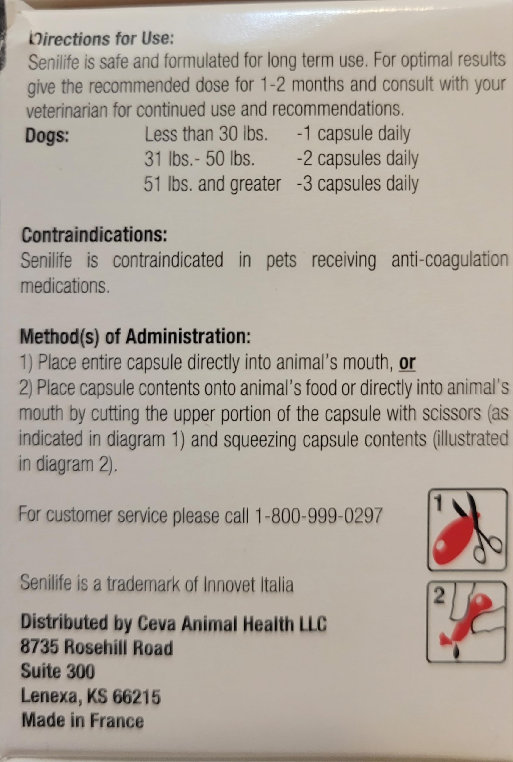 Ceva Senilife – emballage 30 gélules pour chien âgé, utilisation pratique.