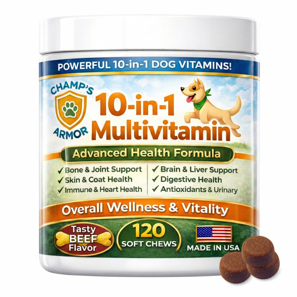 Champ's Armor – boite multivitamine chien 10-en-1, soutien quotidien.