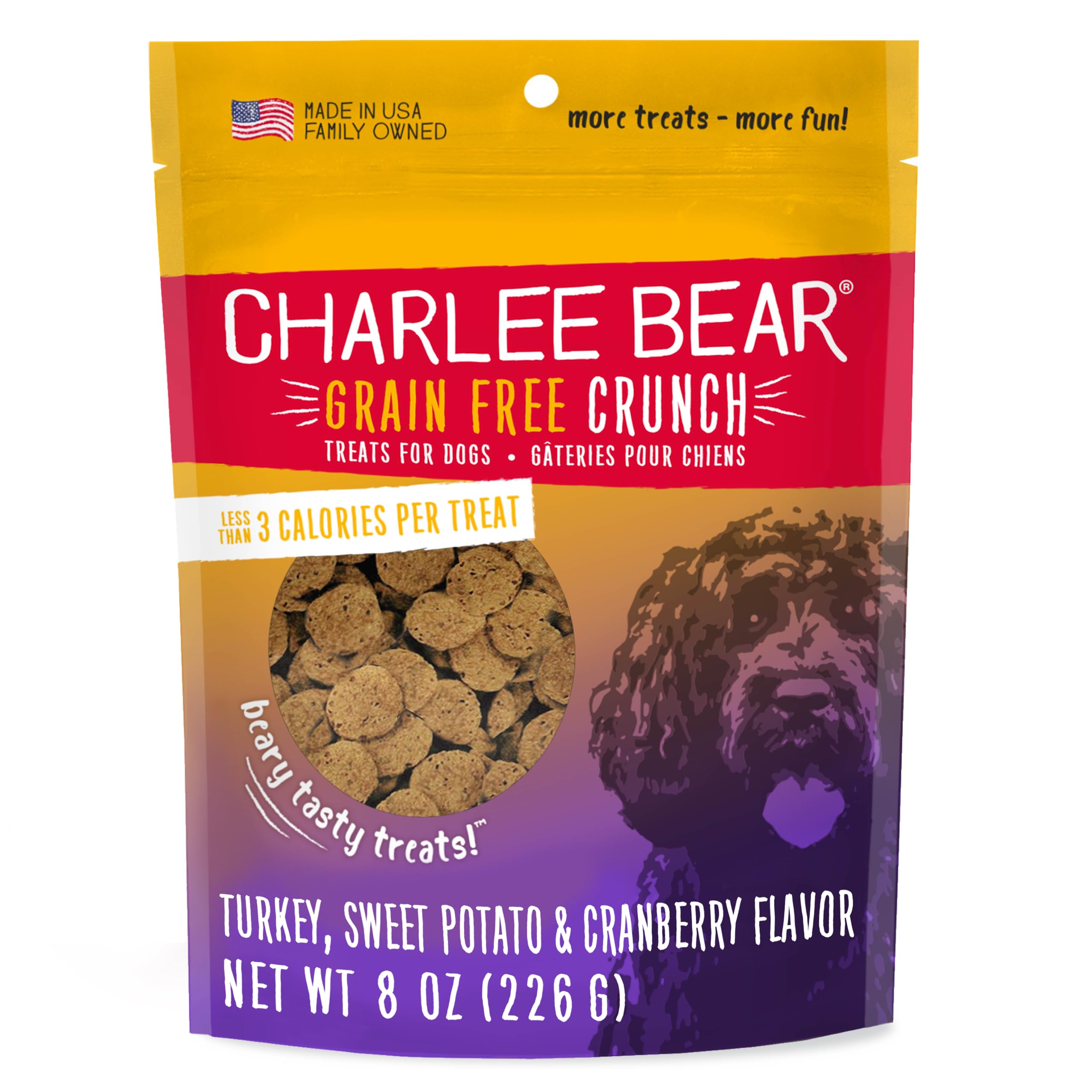 Charlee Bear croquant dinde-patate-pomme: friandise savoureuse sans céréales pour l'entraînement.