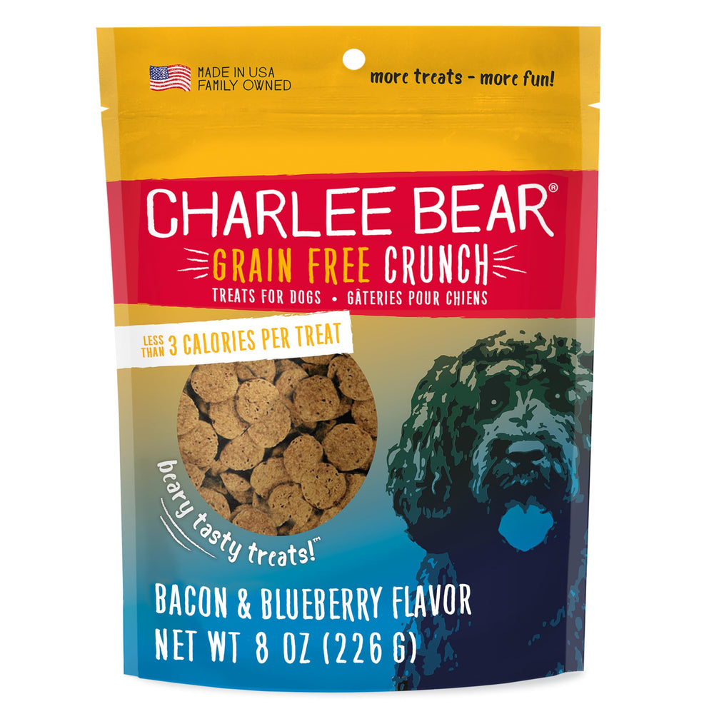 Charlee Bear croquant sans grains bacon et myrtilles, friandise savoureuse et légère.