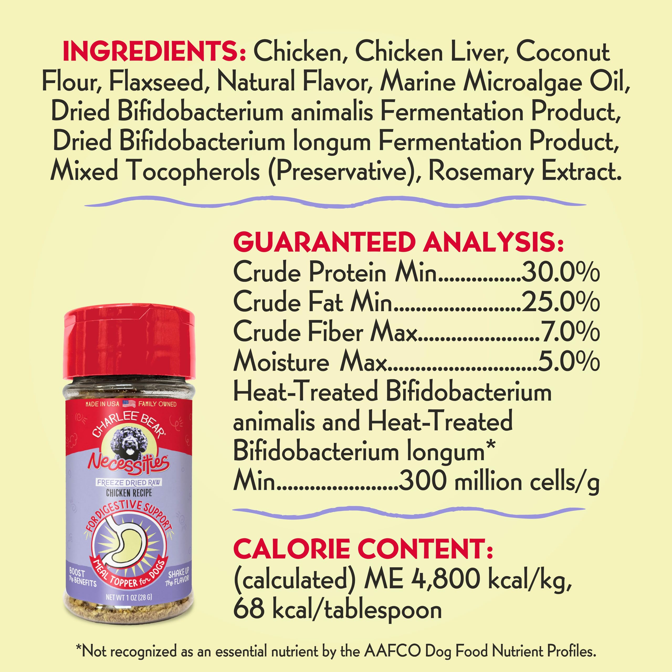 Charlee Bear Necessities toppers pour chien, probiotiques soutiennent la digestion.