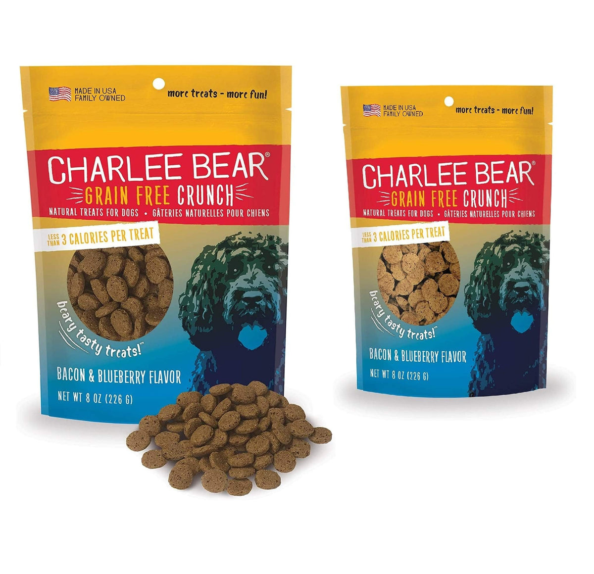 Charlee Bear: pack double bacon-myrtille, idéal pour les séances d'entraînement quotidiennes.