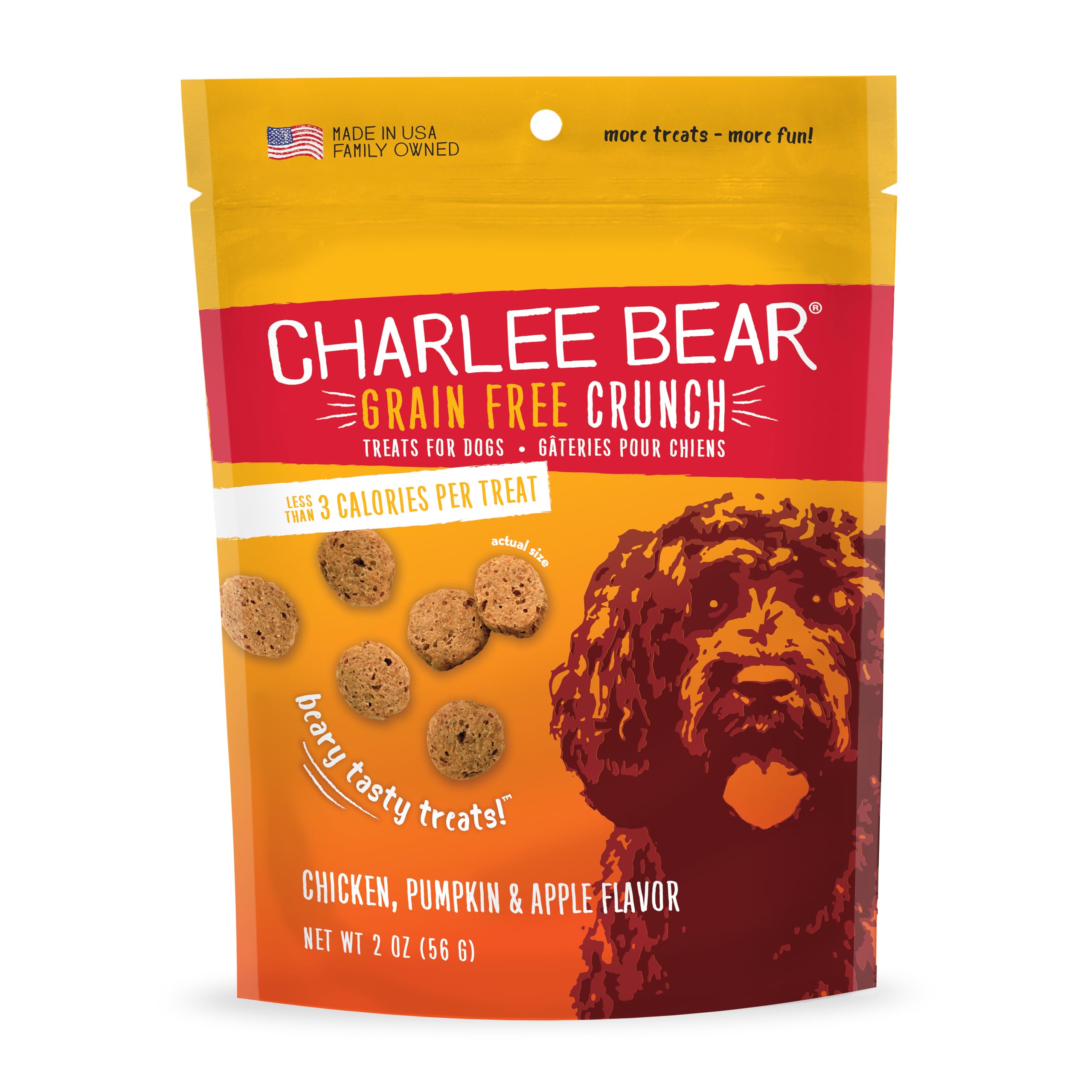 Friandise Charlee Bear en sachet poulet potiron pomme, pratique pour l entraînement.