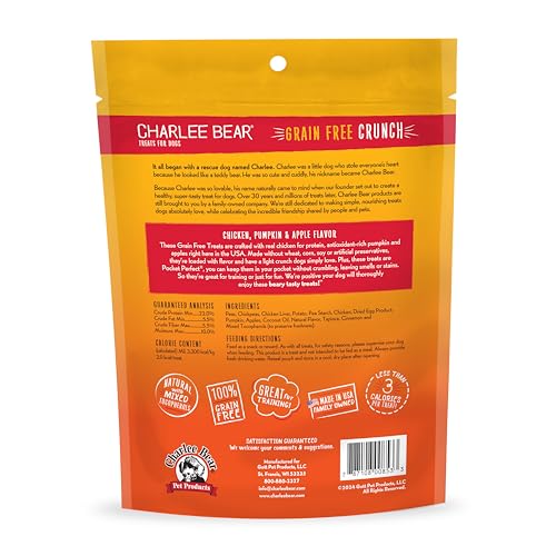 Friandises Charlee Bear sans céréales goût poulet potiron pomme, croquantes et savoureuses.