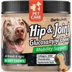 Charlie et Buddy bouchées glucosamine-chondroïtine pour articulations canines.