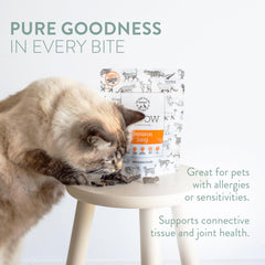 The New Zealand Natural Pet Food Co chat savourant ce snack riche en protéines