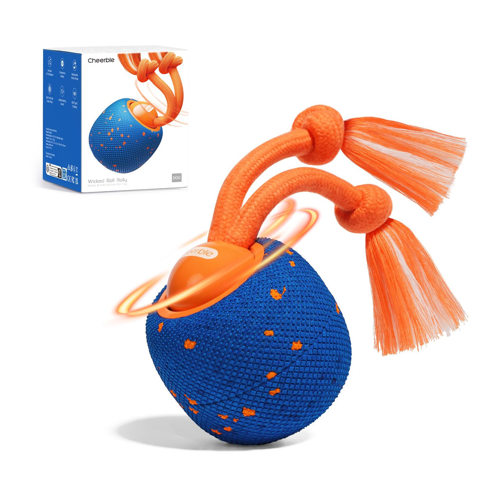 Cheerble Wicked Ball Rolly — Balle interactive bleue pour jeux intérieurs et énergie canalisée.