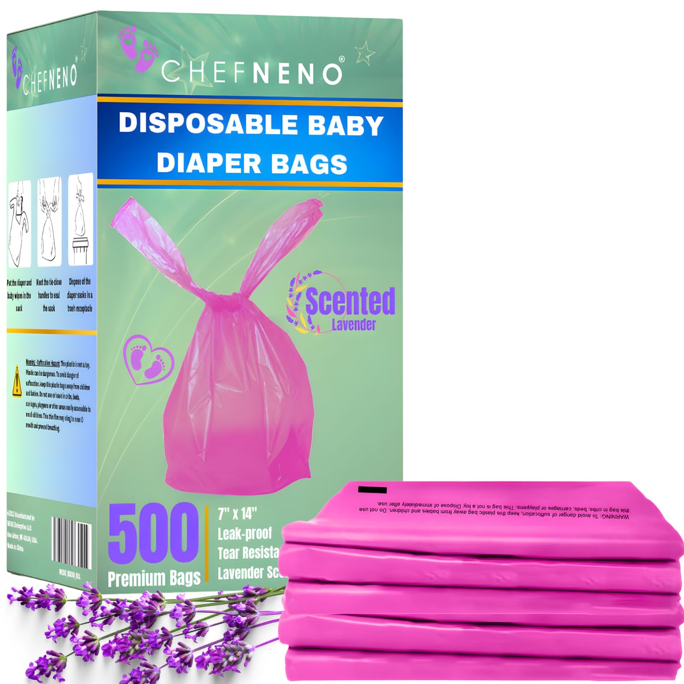 CHEFNENO: boîte de 500 sacs couches lavande, pratique et hygiénique.