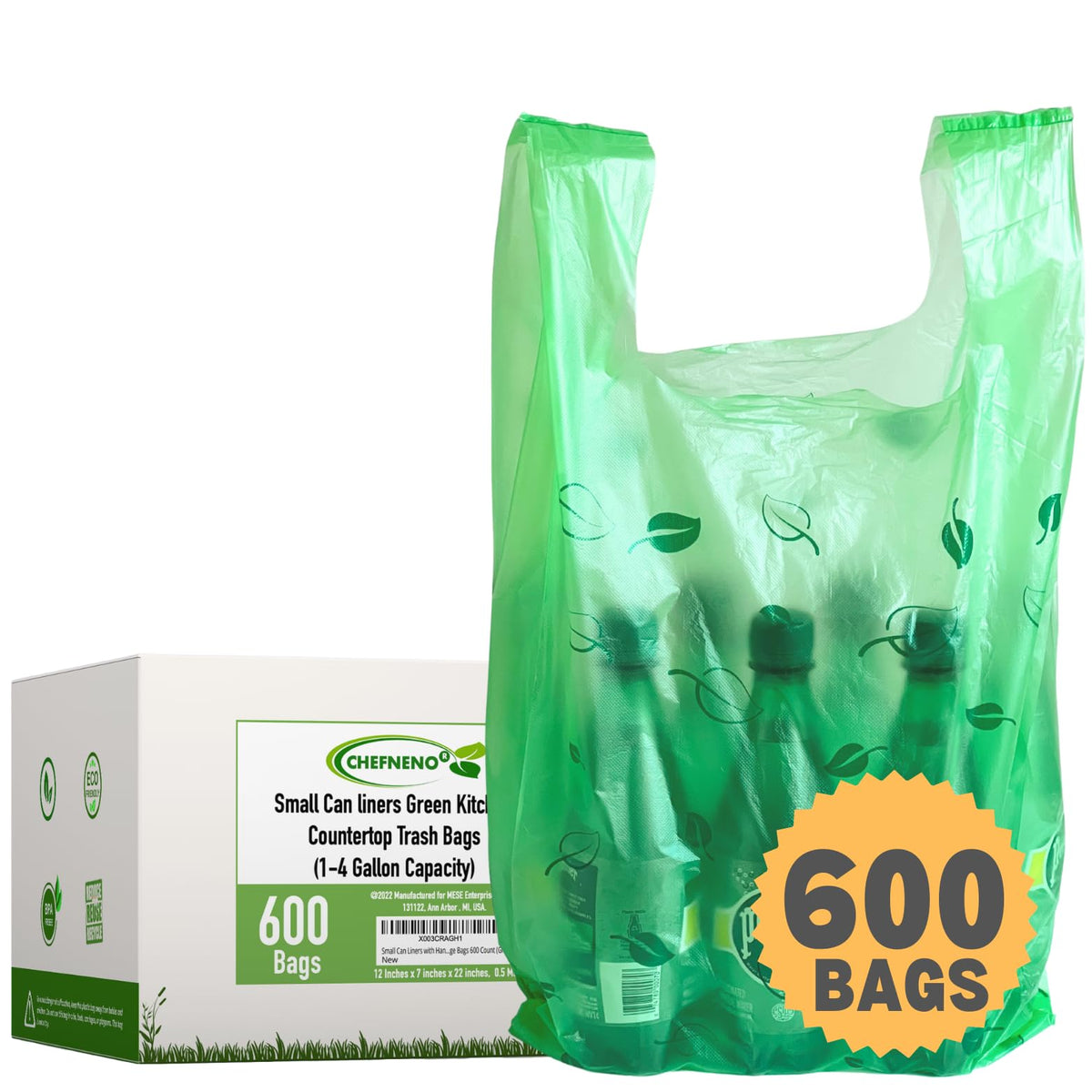 Sacs CHEFNENO biodégradables 600 ct, format course, pratique pour les achats quotidiens.