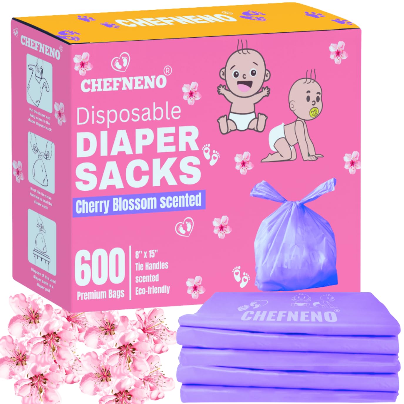 Sacs CHEFNENO pour couches avec boucle-poignée pratique pour fermer et limiter les odeurs.