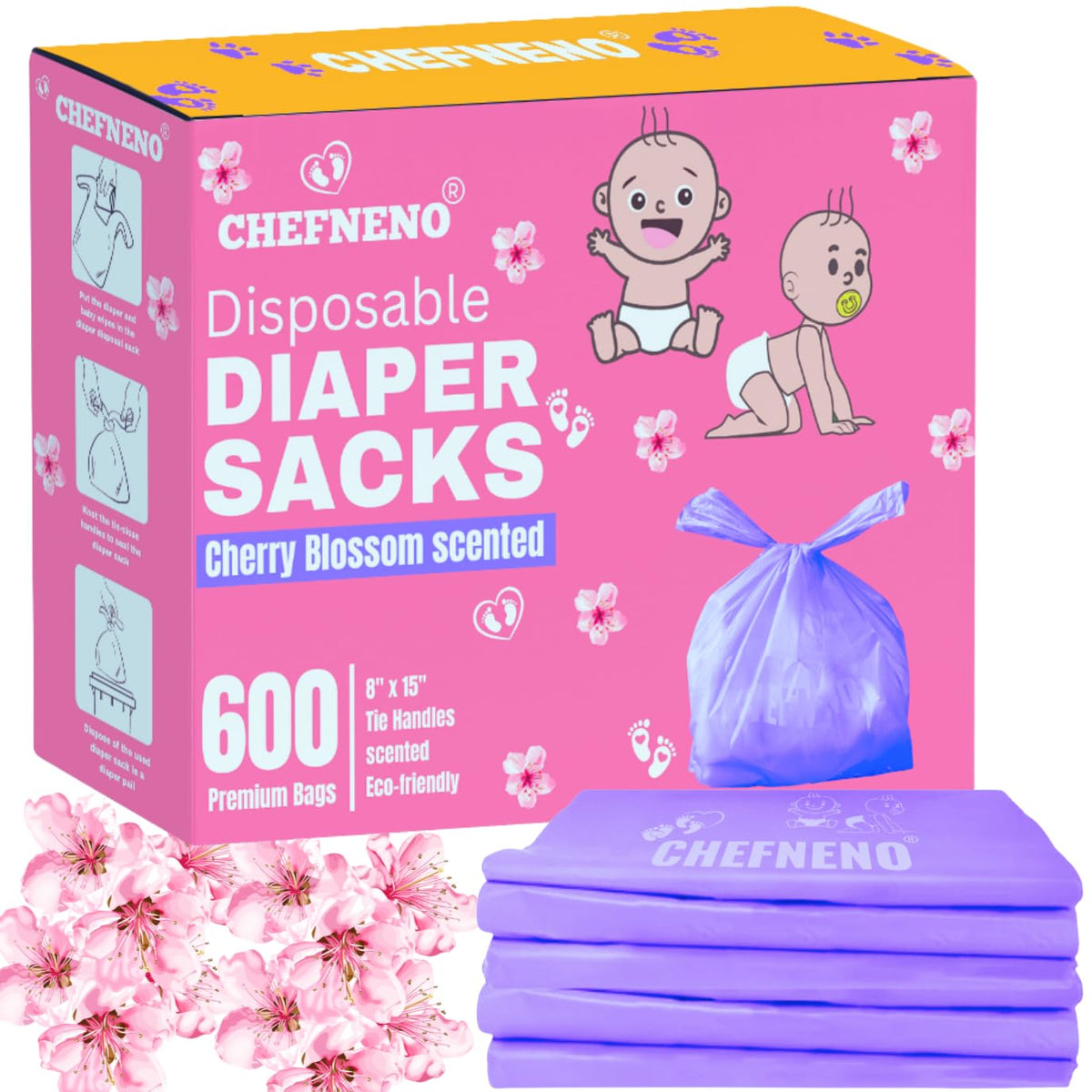 Sacs CHEFNENO pour couches avec boucle-poignée pratique pour fermer et limiter les odeurs.