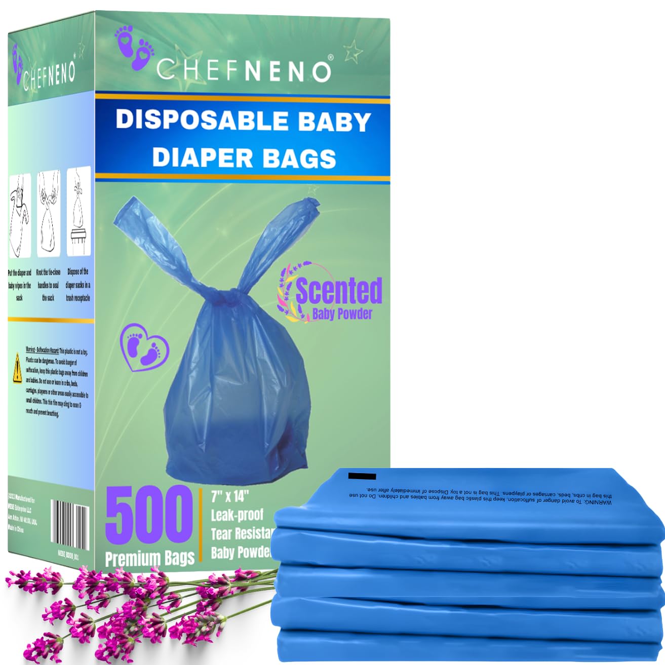 CHEFNENO sacs couches jetables bleus, résistants et étanches pour le changement.