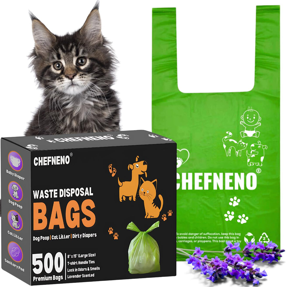 Sacs CHEFNENO litière biodégradables 500ct, vert, collecte propre.