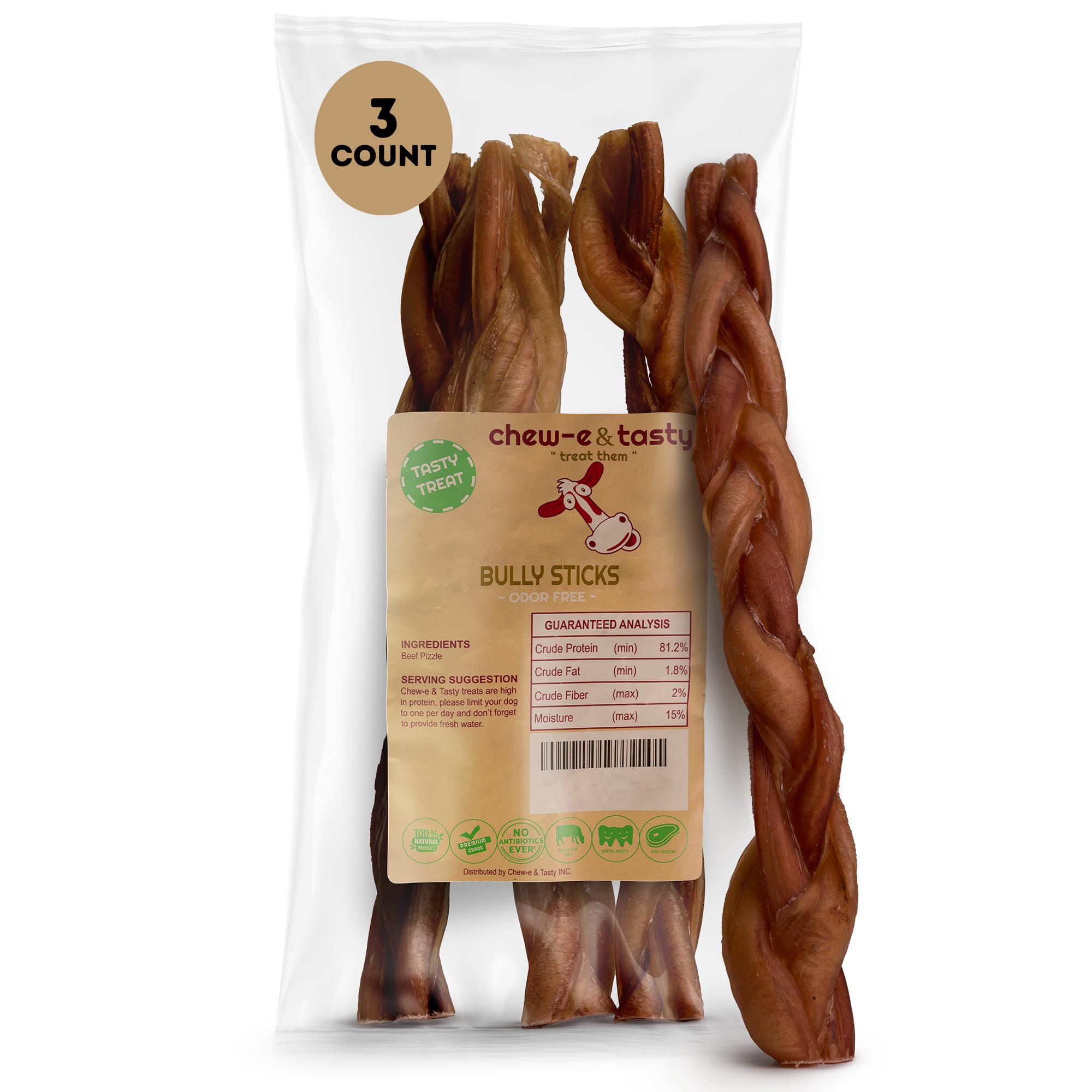Chew-e-tasty Bully Sticks 12 po, tresses sans odeur, parfait pour chiens actifs.