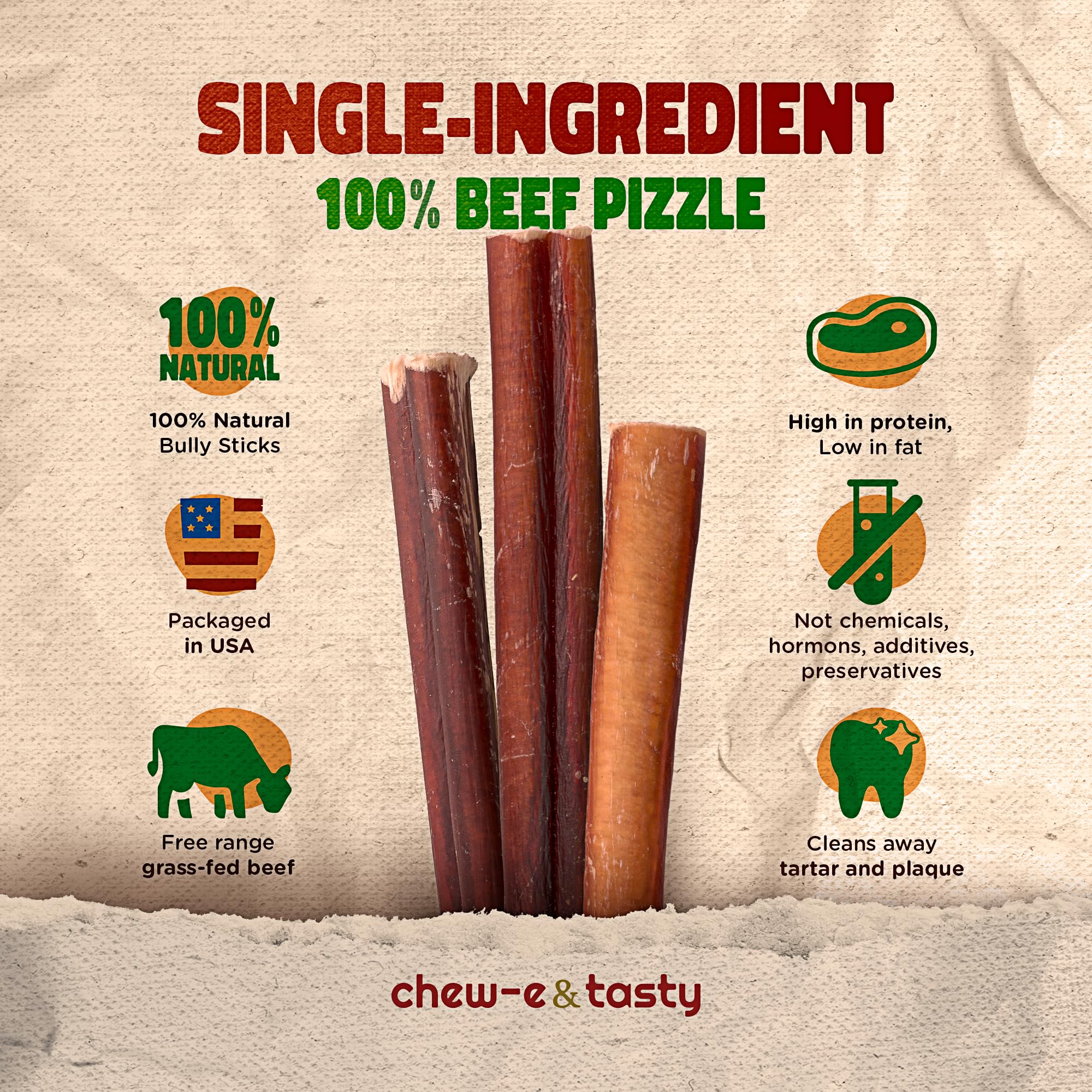 Chew-e-tasty Bully Sticks gras-faible, option saine pour la friandise quotidienne.