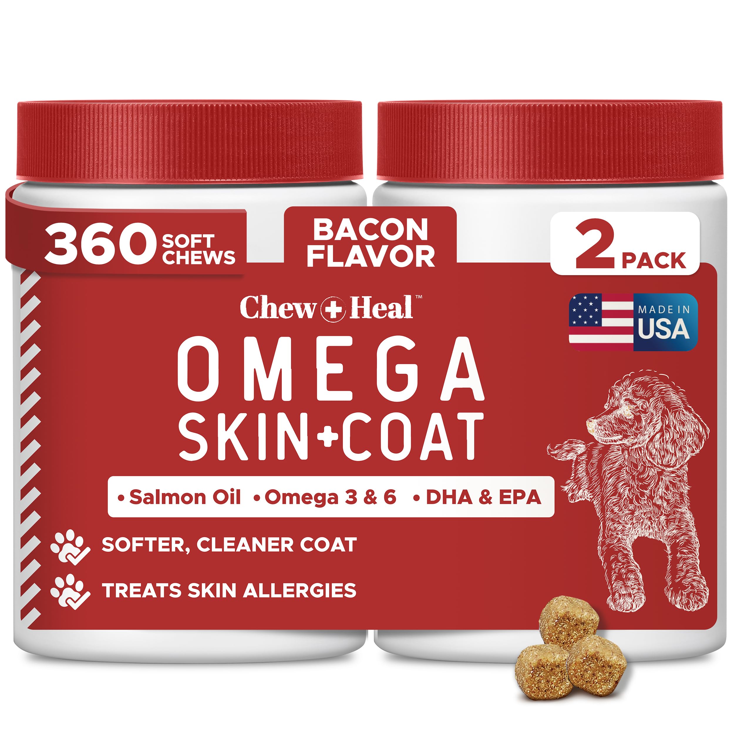 Chew + Heal Labs Best Itchy Skin Relief, démangeaisons chien, pelage sain.