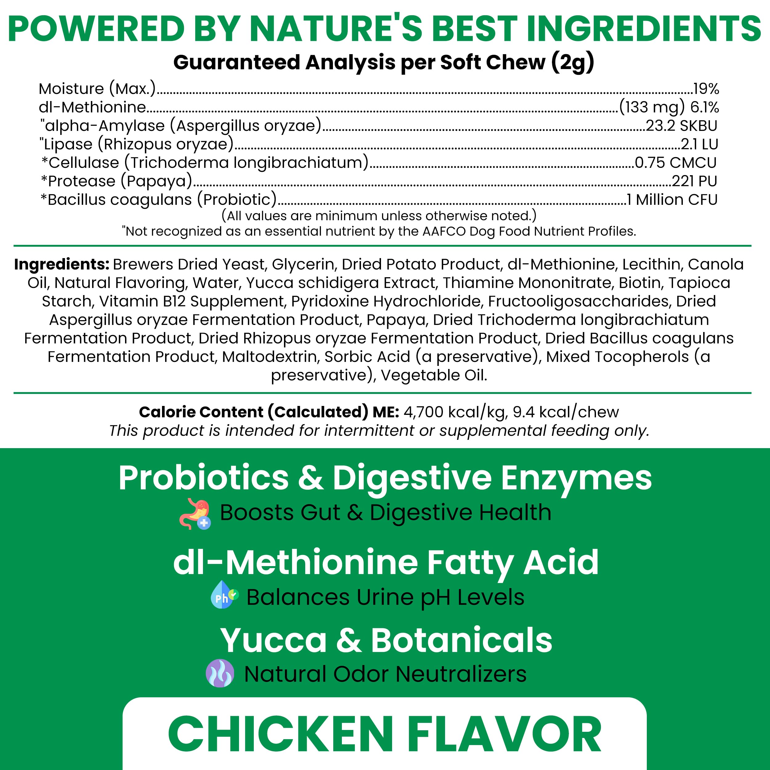 Chew + Heal Labs bouchées-poulet-chien, goût appétissant, soutien pour une urine équilibrée.
