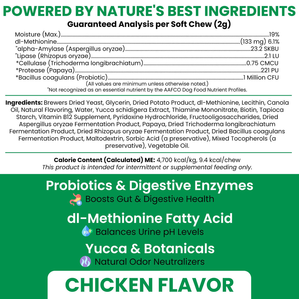 Chew + Heal Labs bouchées-poulet-chien, goût appétissant, soutien pour une urine équilibrée.