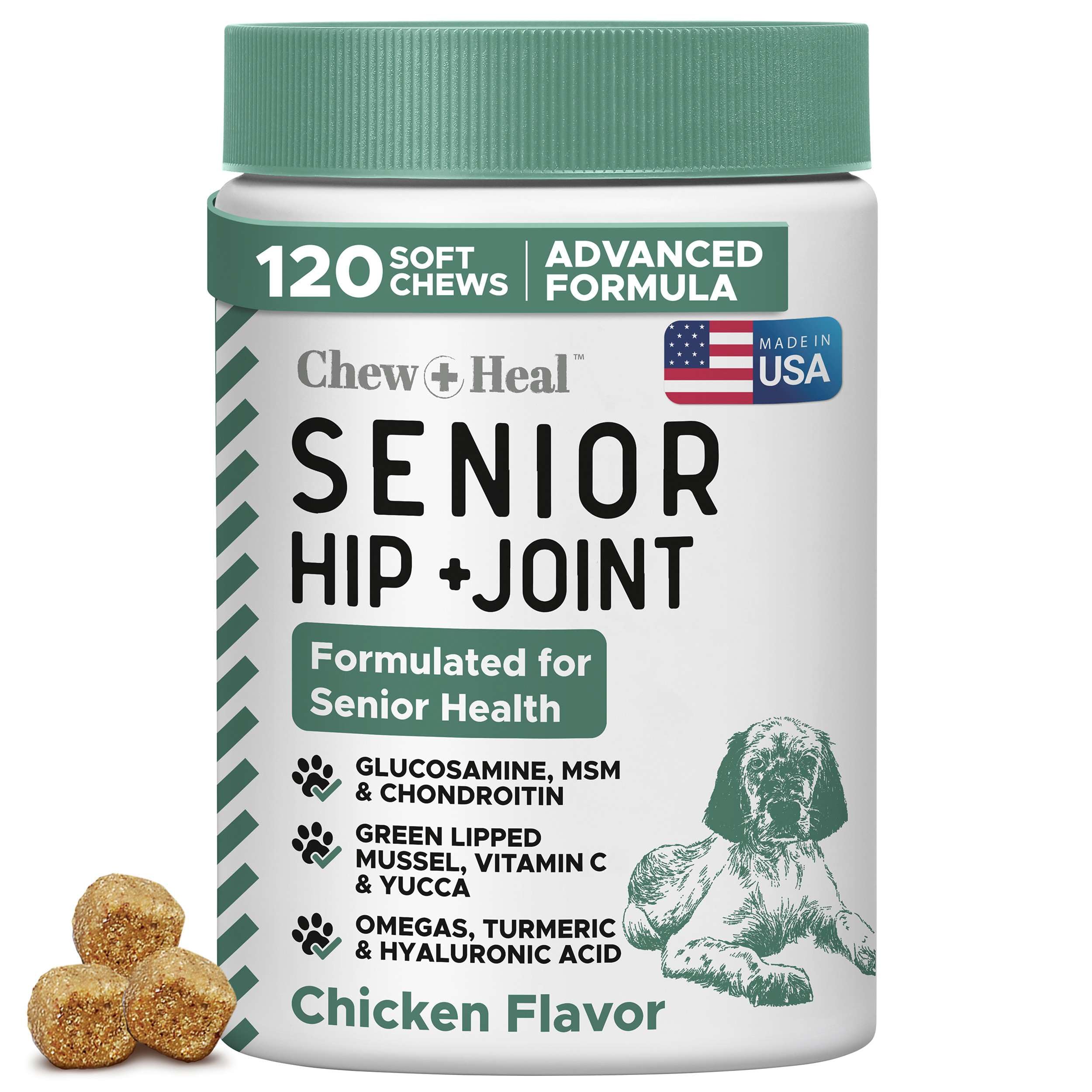 Bouteille Chew + Heal Labs glucosamine pour chiens: mobilité potentielle et confort quotidien.