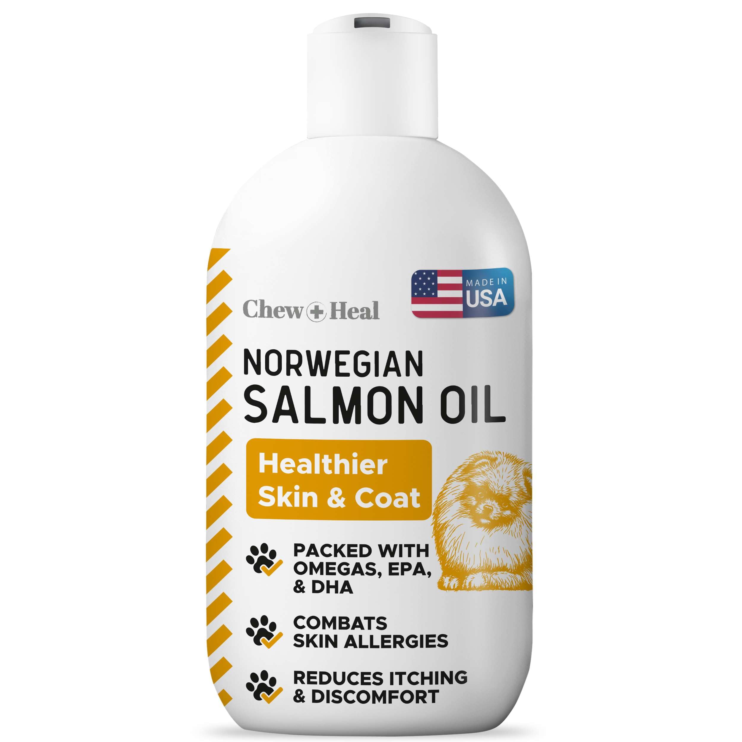 Chew + Heal Labs bouteille huile saumon chien pour pelage sain et brillant.
