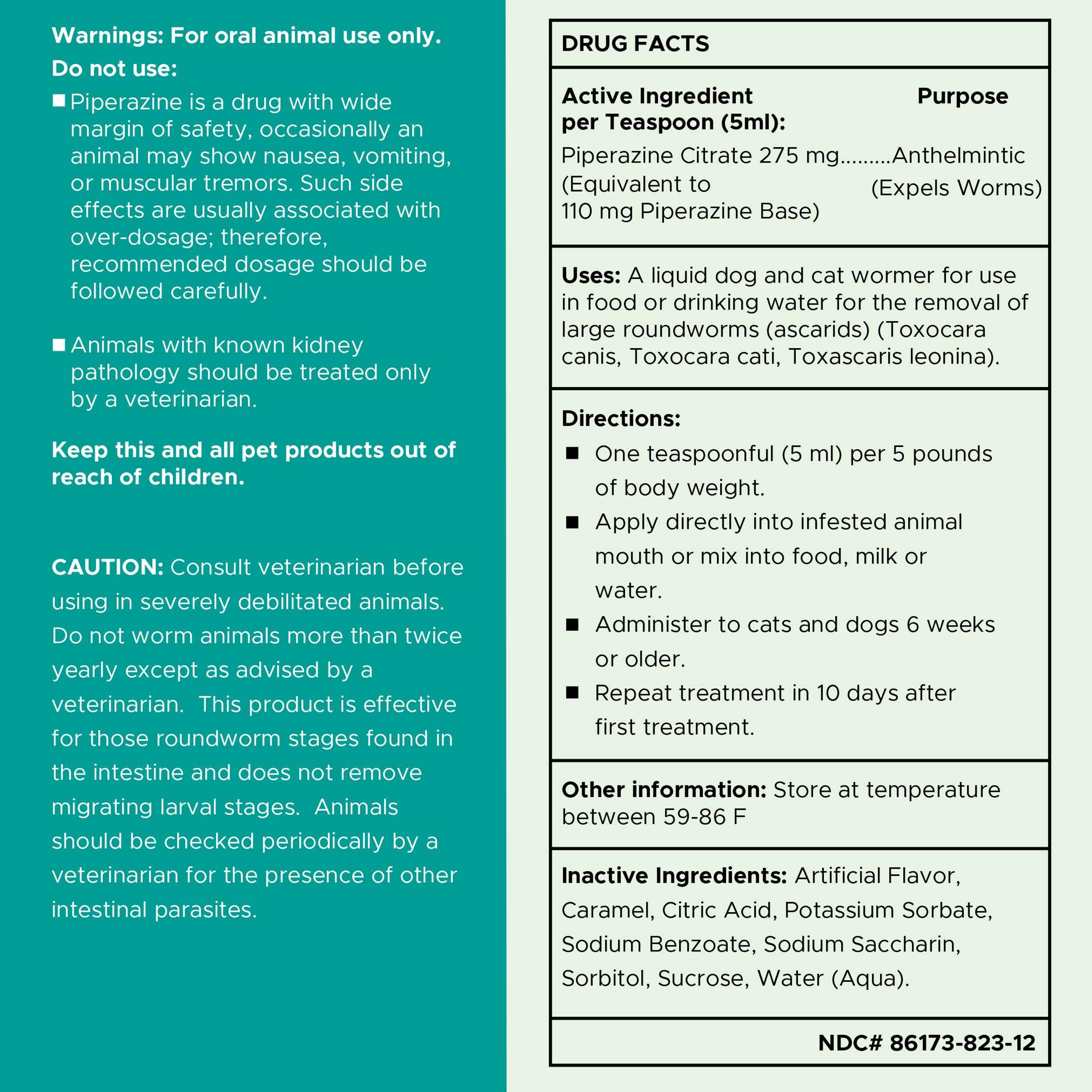 Dosage recommandé sur l’emballage du vermifuge liquide Chew + Heal Labs.