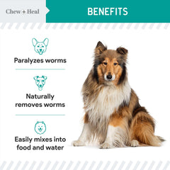 Active inhalation et action sur vers ronds avec Chew + Heal Labs vermifuge liquide.