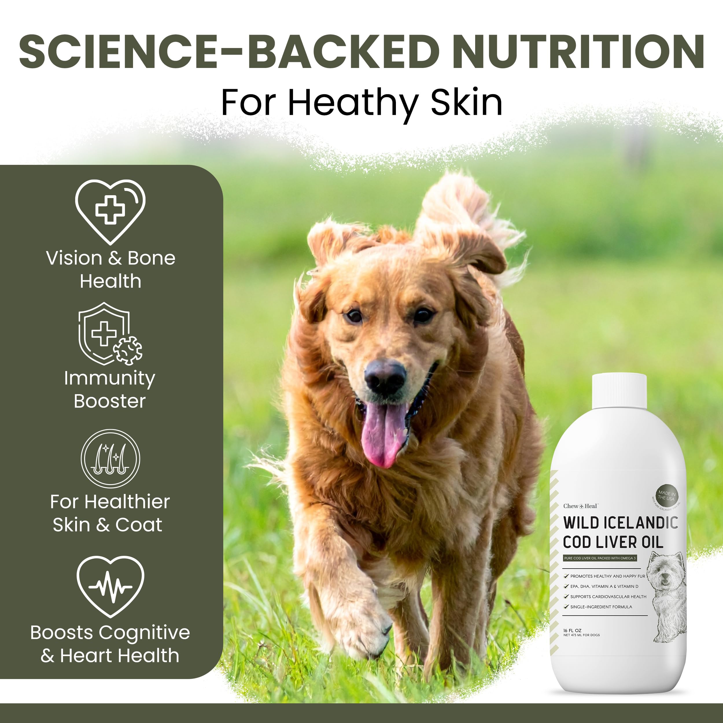 Chew + Heal Labs étiquette huile foie morue, informations claires sur l’usage.