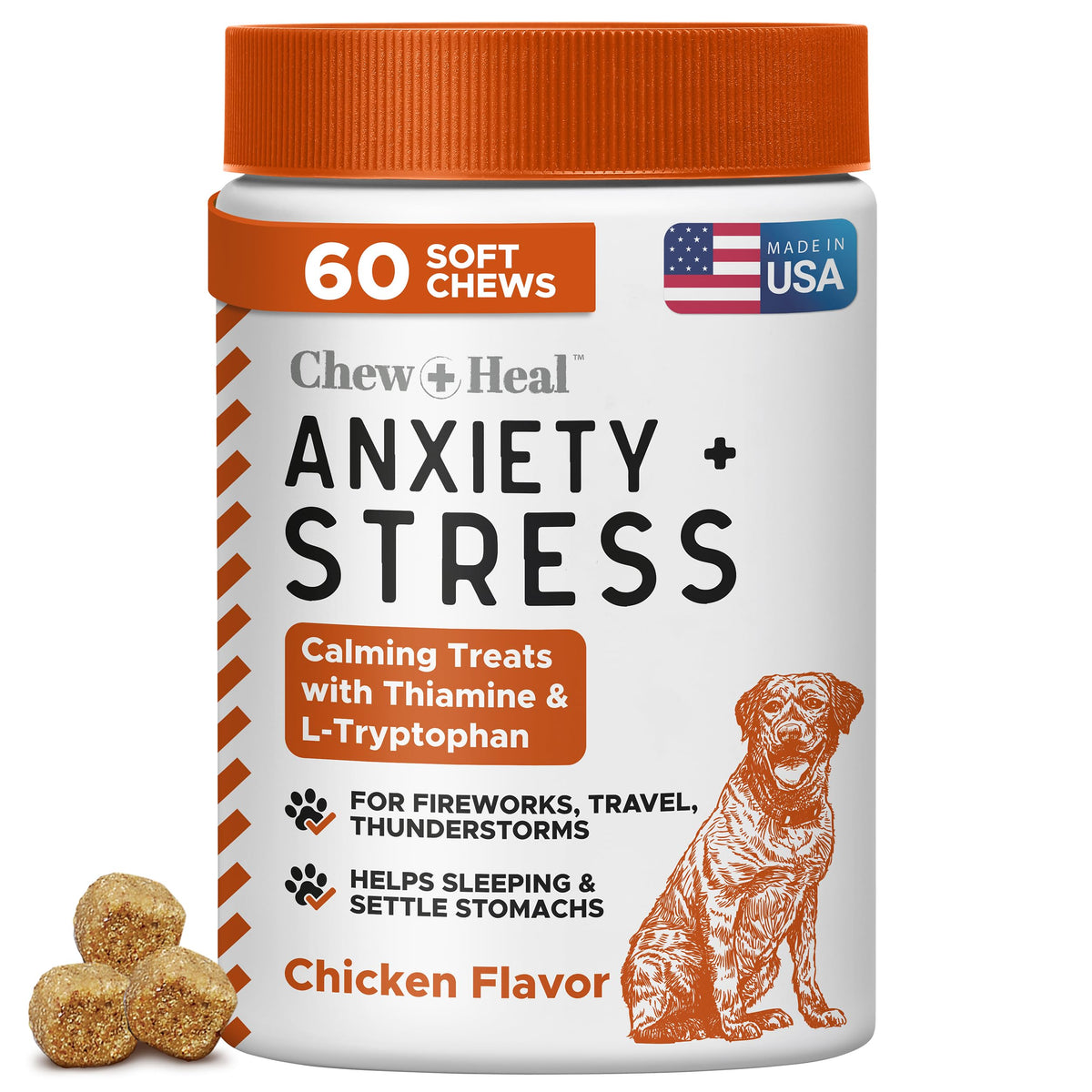 Friandises apaisantes Chew + Heal Labs en bouteille pour chiens, effet calmant possible.