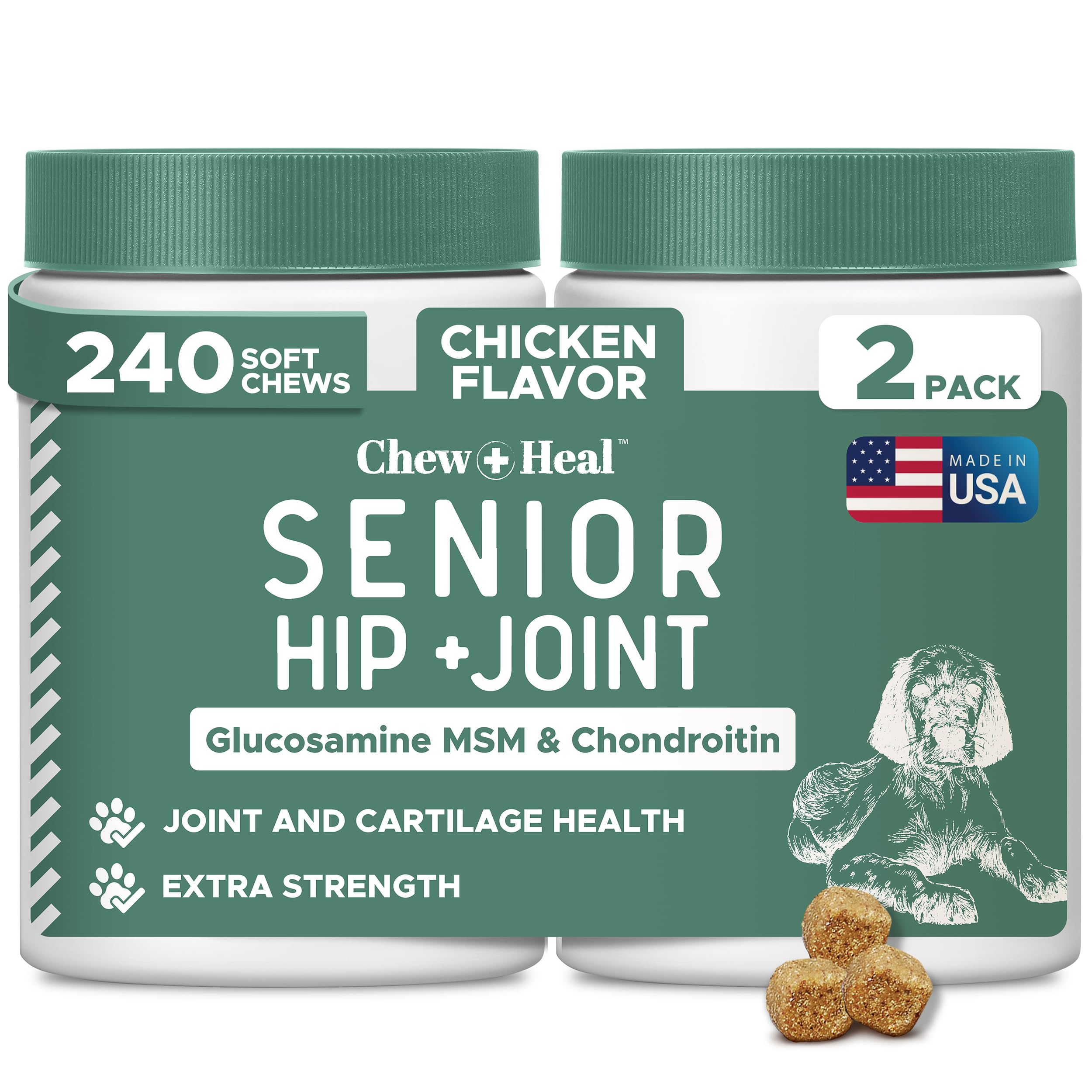 Chew + Heal Labs glucosamine: bouchées molles pour chiens, soutien articulations et mobilité.