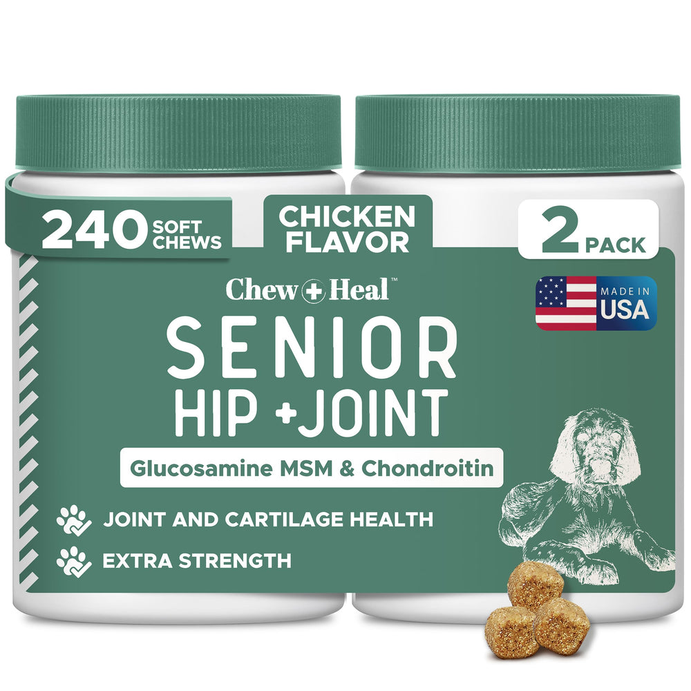 Chew + Heal Labs glucosamine: bouchées molles pour chiens, soutien articulations et mobilité.